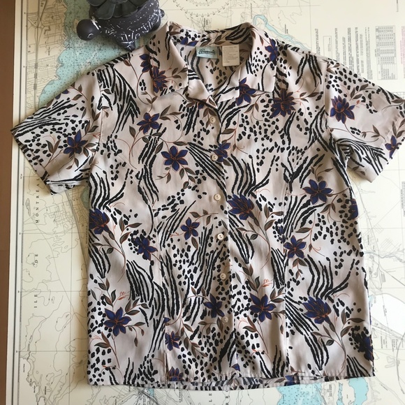 Vintage Floral and Zebra Print Blouse - Black, Blue, Cream - Picture 2 of 5